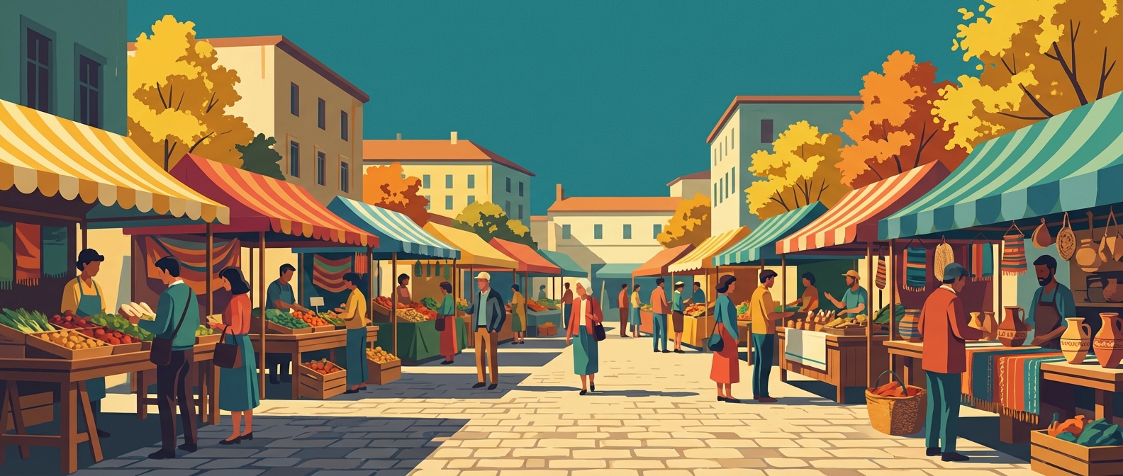 A bustling outdoor market with vendors side by side in a town square, shoppers comparing wares